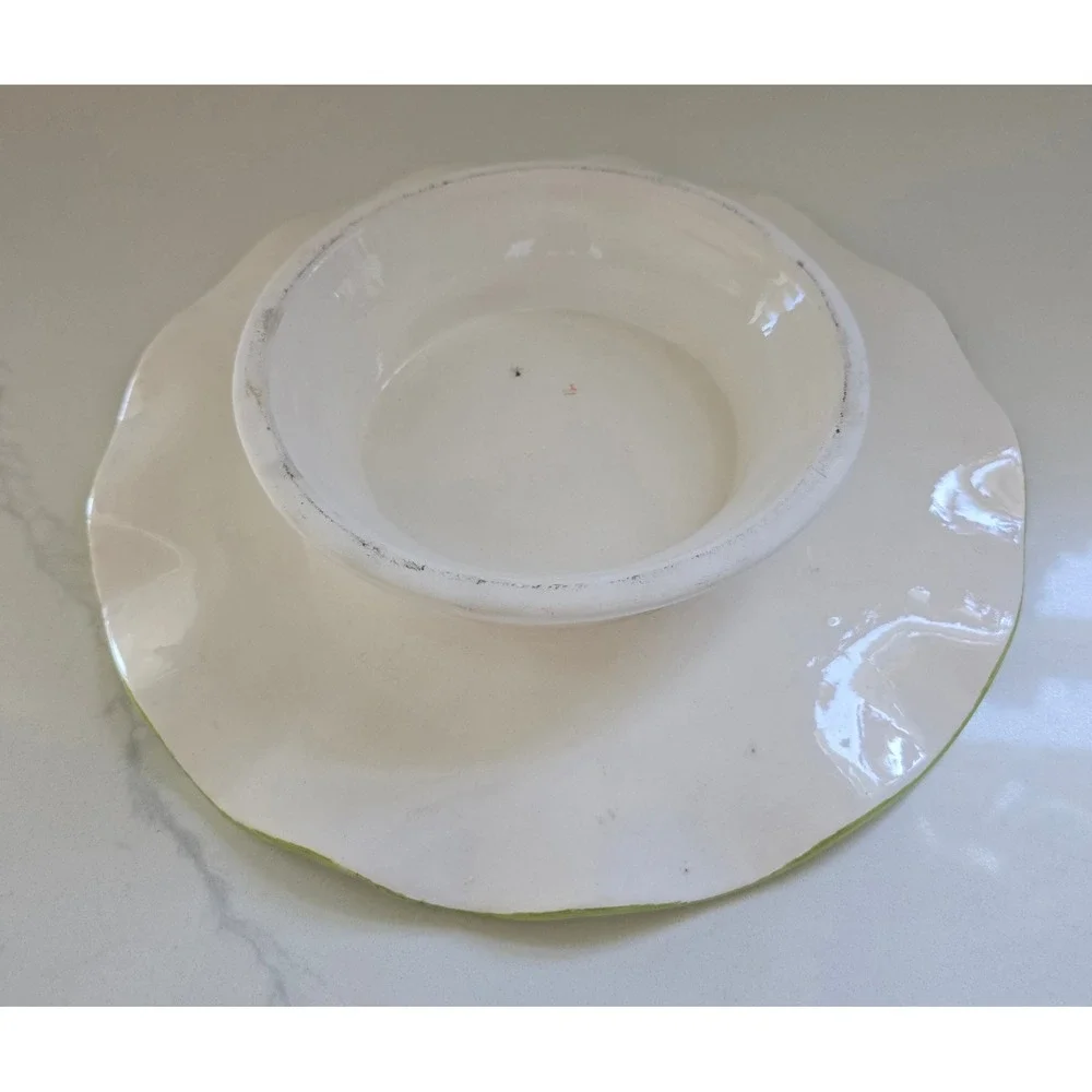 Hand Painted Ceramic Cake Stand Olive Branch Lattice Scalloped Pedestal Server